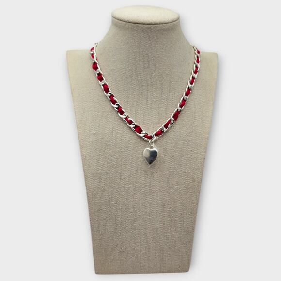 Charter Club Red Ribbon Chain Heart Pendant Necklace NWT Silver Tone - Picture 2 of 8